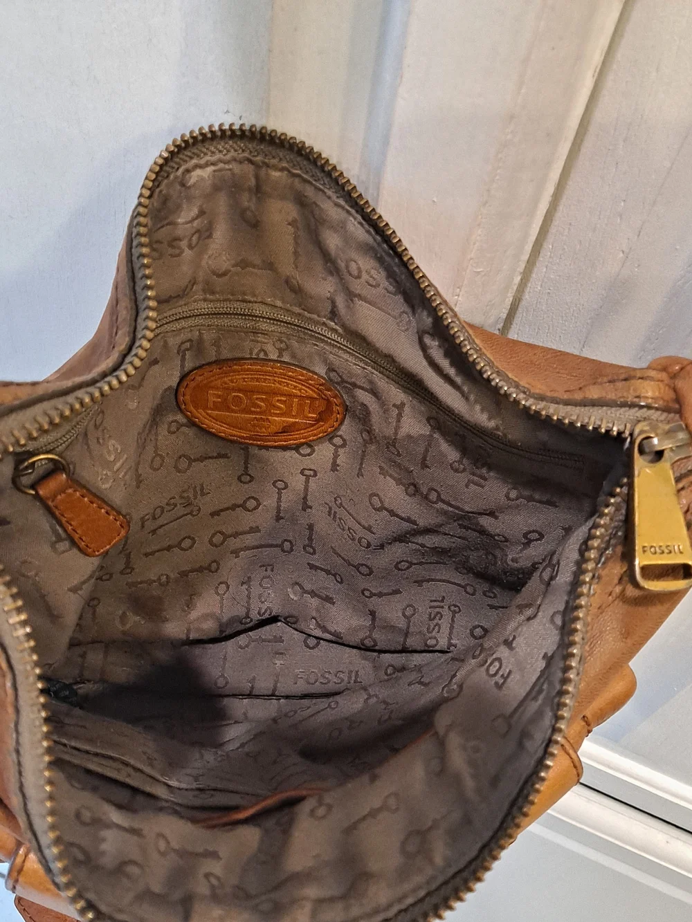 Fossil Cognac Brown Cowhide Lambhide Leather Satchel Front Buckle Flap Brass